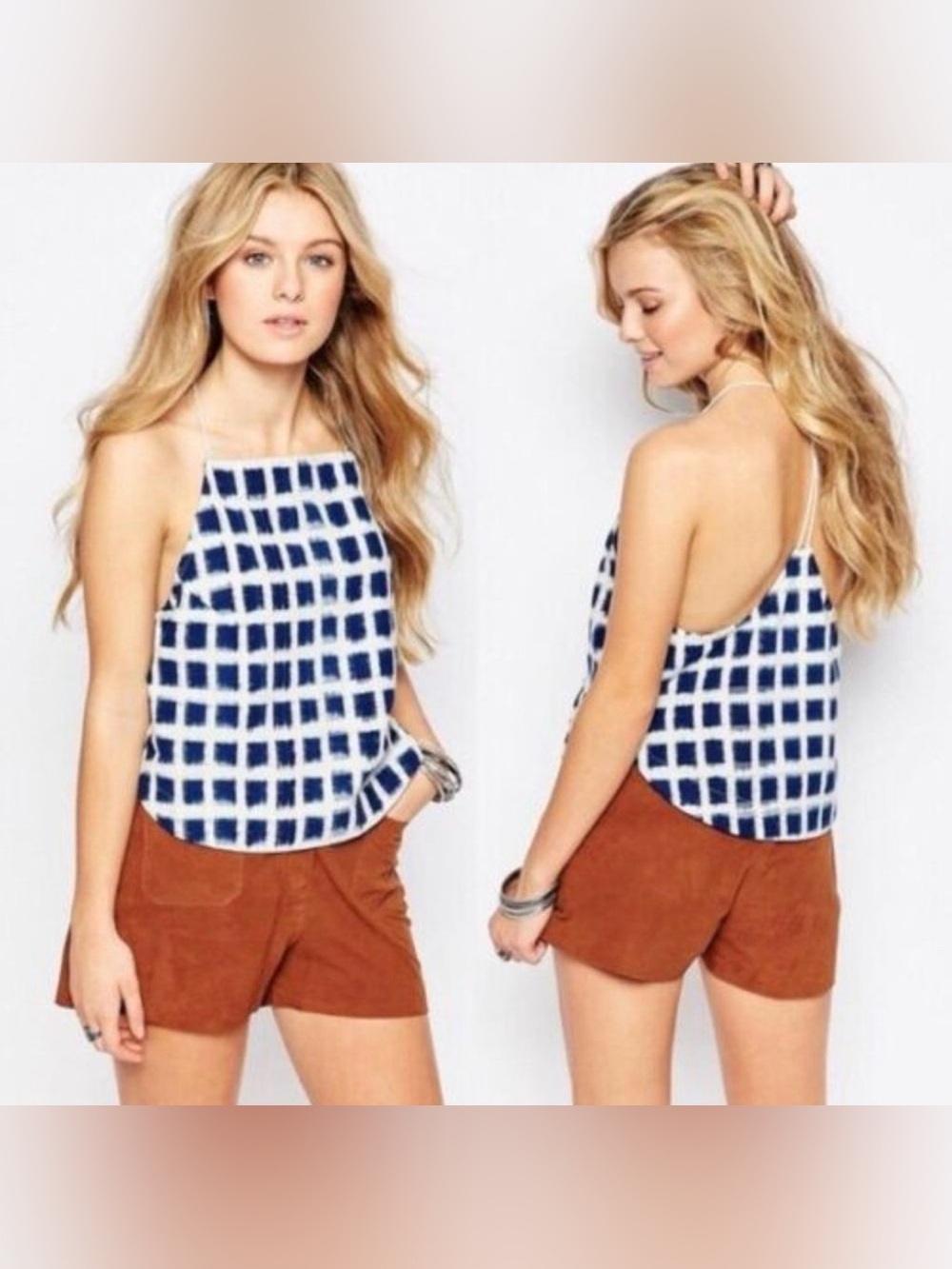 Free People Navy Grid Halter Top, Size L - Picture 2 of 9